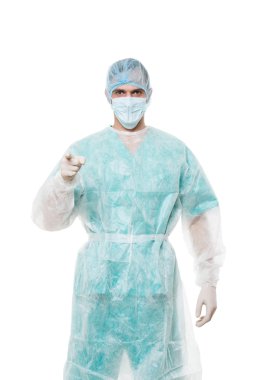 Cerrah portre. Puan parmak. Beyaz arka plan üzerinde izole