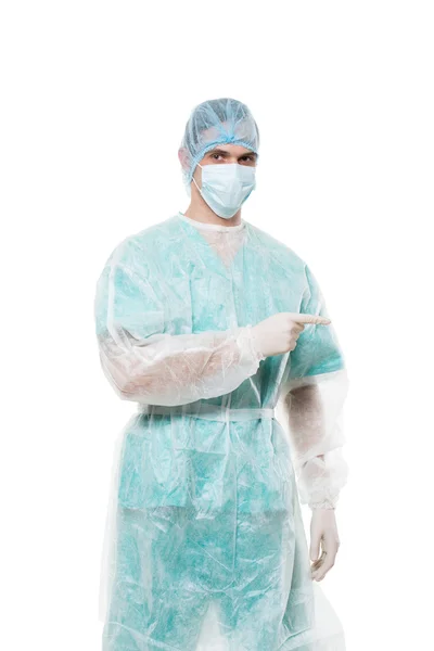 Retrato de cirujano. señala con el dedo. aislado sobre fondo blanco — Foto de Stock