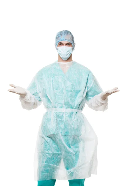 Retrato de cirurgião. isolado em fundo branco. abre os braços — Fotografia de Stock