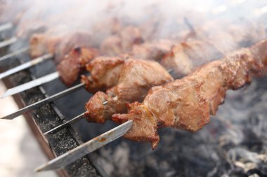 Grilling marinated shashlik on a grill. Shish kebab popular in Eastern, Central Europe and other places.