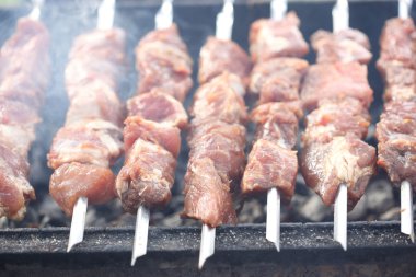 Grilling marinated shashlik on a grill. Shish kebab popular in Eastern, Central Europe and other places.