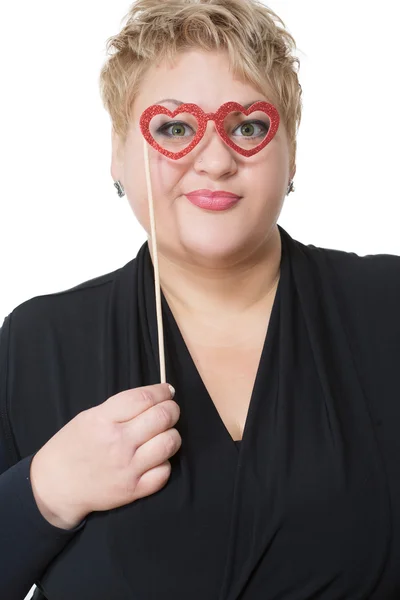 Fat woman in love. Isolated on white background. Heart Shaped Glasses — Stock fotografie