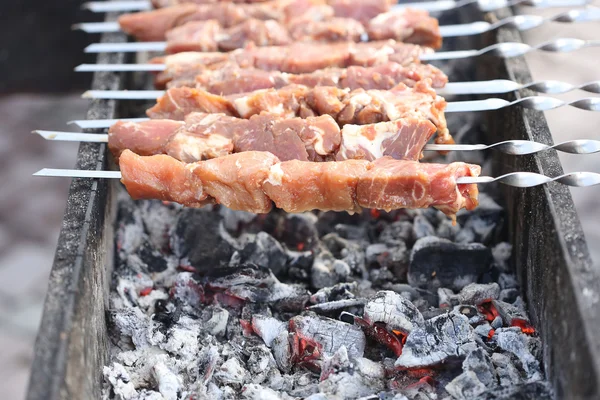 Mariniertes Schaschlik auf dem Grill grillen. Dönerspieße in Ost-, Mittel- und anderen Ländern beliebt. — Stockfoto