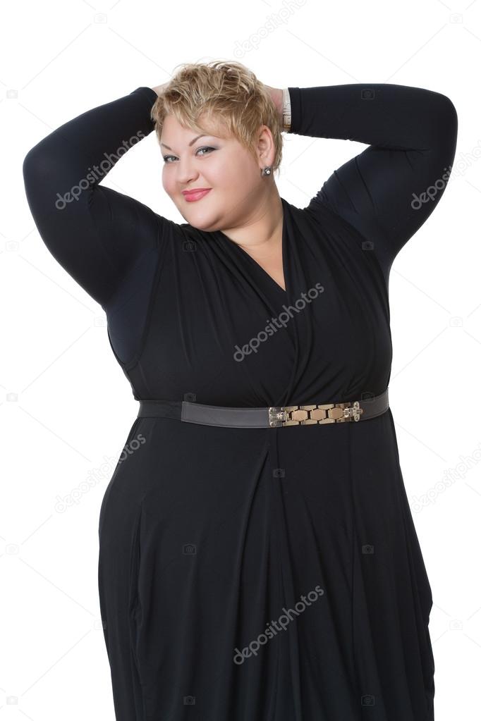 sexy, passionate fat woman raised her hands to the head. Isolated on white background
