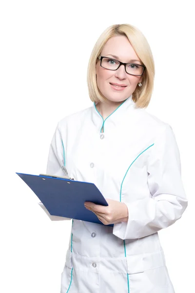 Smiling medical doctor in glasses woman with stethoscope. Isolated over white background Royalty Free Stock Obrázky