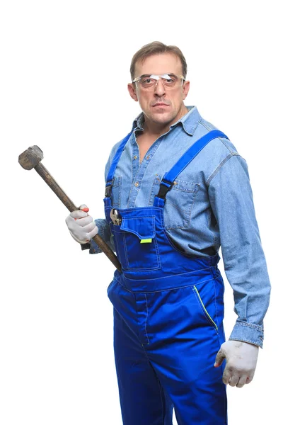 Brutales trabajadores en gafas protectoras con un martillo. aislado sobre fondo blanco — Foto de Stock