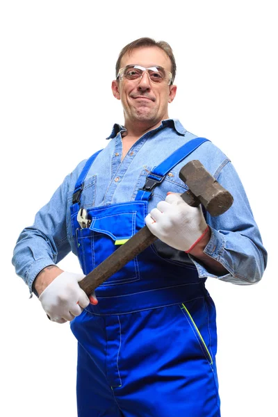 Brutal Workers in protective glasses with a sledgehammer. isolated on white background — Stock Photo, Image