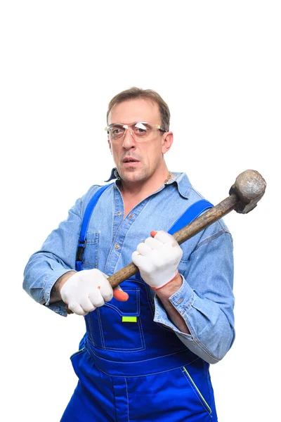 Brutal Workers in protective glasses with a sledgehammer. isolated on white background — Stock Photo, Image