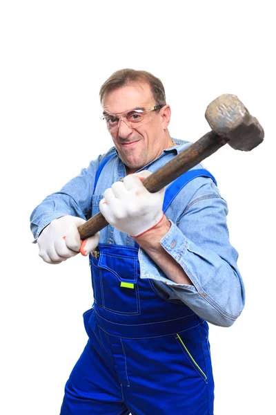 Brutal Workers in protective glasses with a sledgehammer. isolated on white background — Stock Photo, Image