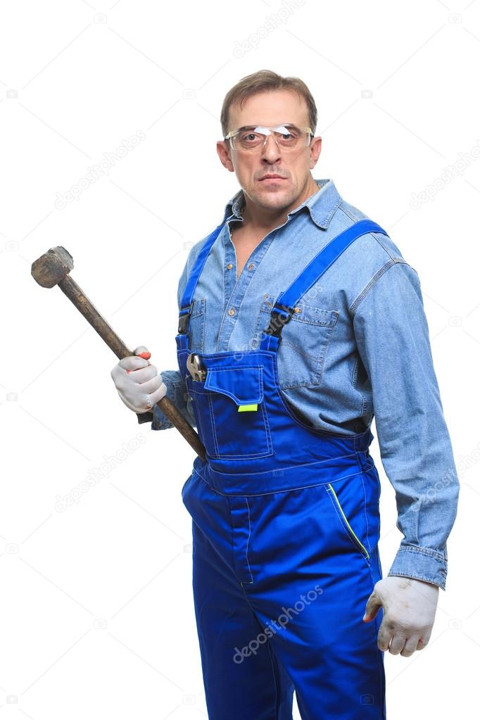brutal Workers in protective glasses with a sledgehammer. isolated on white background
