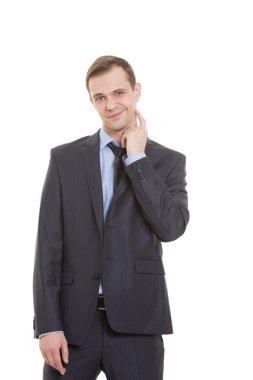 body language. man in business suit isolated on white background. gesture lie or doubt. touching the neck