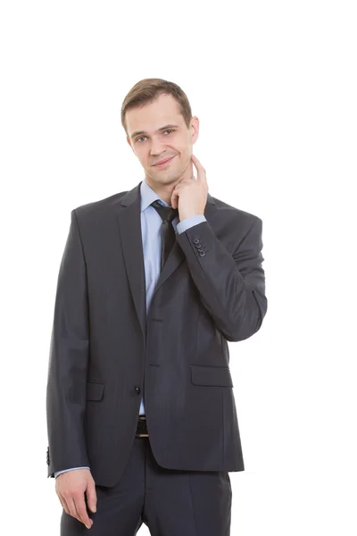 Body language. man in business suit isolated on white background. gesture lie or doubt. touching the neck — Zdjęcie stockowe