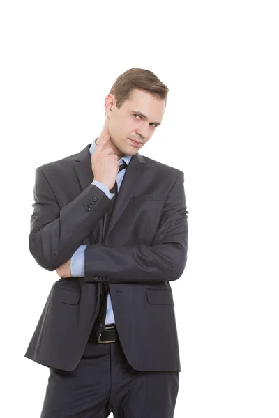 Body language. man in business suit isolated on white background. gesture lie or doubt. touching the neck — 图库照片