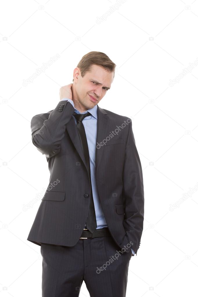 body language. man dressed business suit isolated on white background. rubbing his neck. aching, hand in pocket