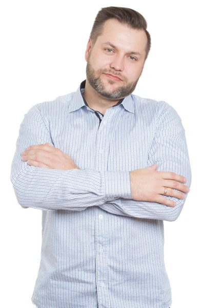 Adult male with a beard. isolated on white background. wrist crossed arms on his shoulders, gesture strong position — Stock Photo, Image