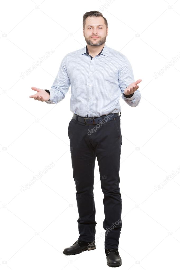 adult male with a beard. isolated on white background. open posture. foot forward at him. open palms. gesture of goodwill and loyalty
