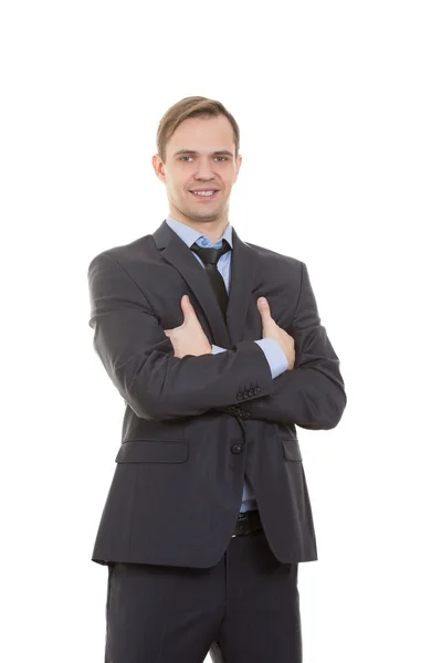 Body language. man in business suit isolated white background. gestures of arms and hands. posture of superiority. emphasis thumbs. crossed arms — Stock Photo, Image