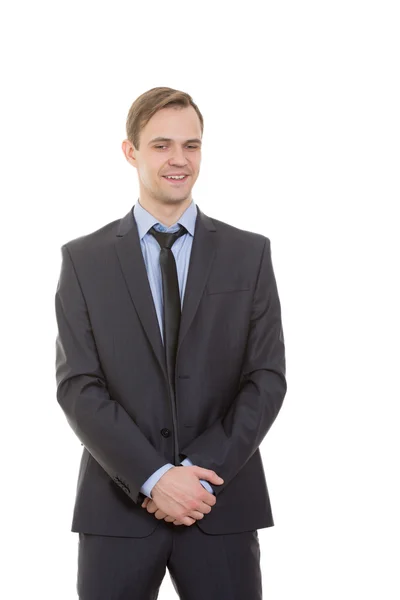 Body language. man in business suit isolated white background. gestures of arms and hands. hands as a barrier. — Stock Photo, Image