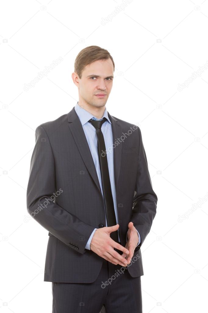body language. man in business suit isolated white background. gestures of arms and hands. spire hand position. hands down
