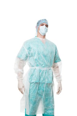 Surgeon portrait. isolated on white background. heroic posture