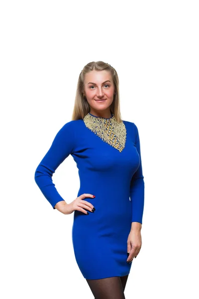 Fashion young girl stay straight in woolen blue dress with long sleeves. beaded. Isolated on white background — Zdjęcie stockowe