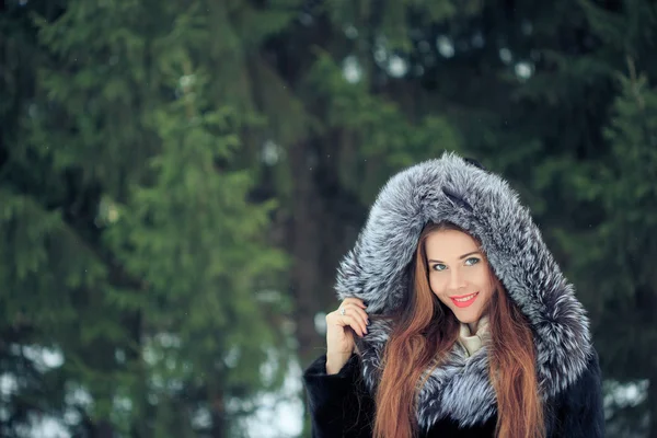 Beautiful smiling girl on background of snowy trees. Winter portrait. coat with a hood — Stock Photo, Image