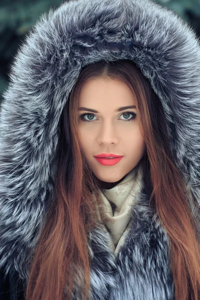 Hermosa chica sonriente. Retrato de invierno. capucha de piel — Foto de Stock