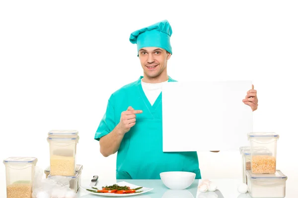 Cook on a white background with relies space for writing. table with banks for cereals — Stockfoto