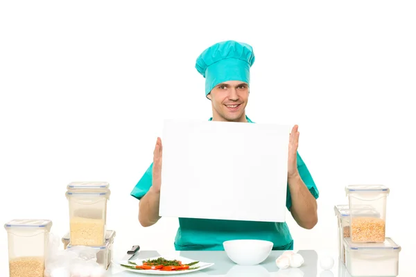 Cook on a white background with relies space for writing. table with banks for cereals — Stockfoto