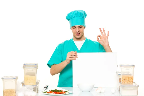 Cook on a white background with relies space for writing. table with banks for cereals — Stockfoto