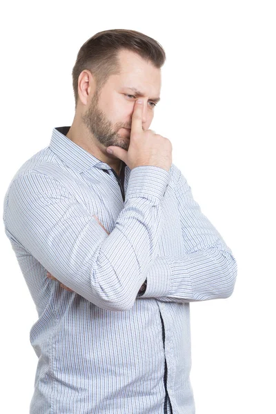 Macho adulto con barba. aislado sobre fondo blanco. El lenguaje corporal. señales no verbales. formación de directivos. gestos mentiras. tocar cara a cara — Foto de Stock