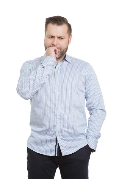 Homem adulto com barba. isolado em fundo branco. Linguagem corporal. pistas não verbais. Gerentes de formação. gesto de incerteza — Fotografia de Stock