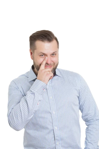 Adult male with a beard. isolated on white background. Body language. non-verbal cues. training managers. gestures lies. touch to face — Zdjęcie stockowe