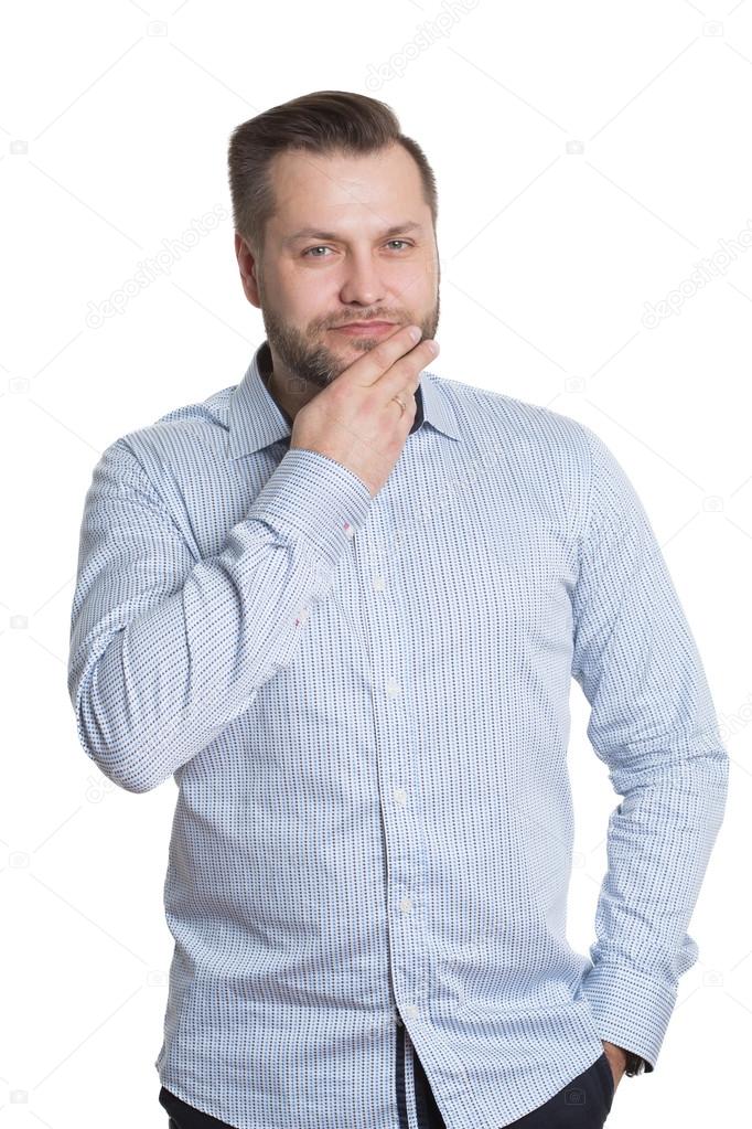 adult male with a beard. isolated on white background. Body language. non-verbal cues. training managers. gestures lies. touch to face