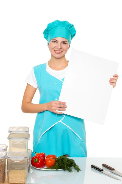 Chef menina atraente com um prato branco. Isolado. vvery feliz — Fotografia de Stock