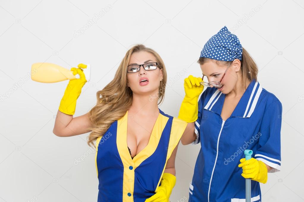 two professional cleaners. sexy busty girl and ugly.
