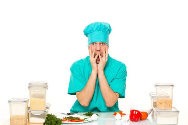 Scared cook man worried pose. isolated white background — Stock Photo, Image