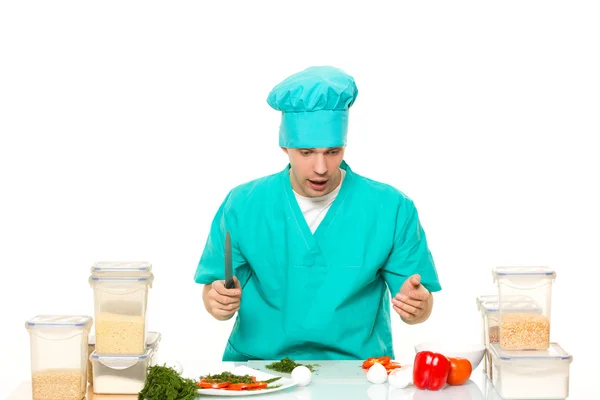 Scared cook man worried pose. isolated white background — 스톡 사진