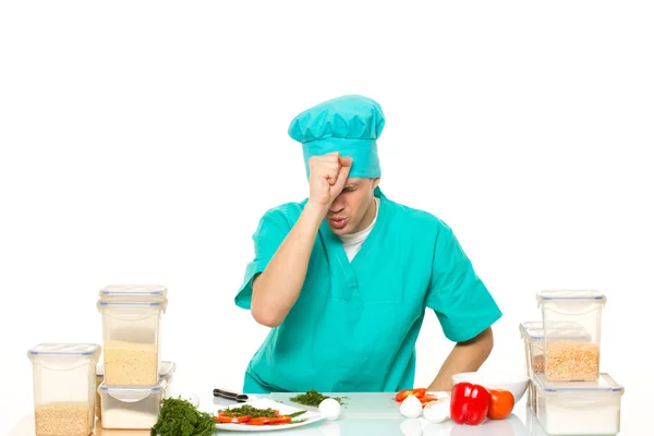 Cozinheiro assustado preocupado posar. fundo branco isolado — Fotografia de Stock