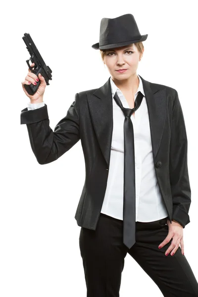 아름 다운 여자는 총을 들고 조 폭. 클래식 슈트와 모자 흰색 절연 — 스톡 사진