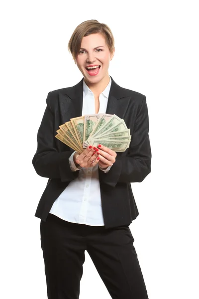 Young cheerful caucasian businesswoman in black suit holding money isolated on white — Stock Photo, Image