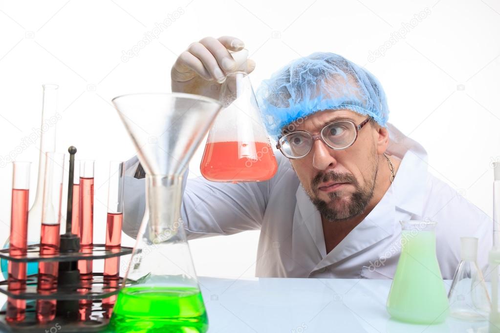 Mad chemist in the lab doing reaction