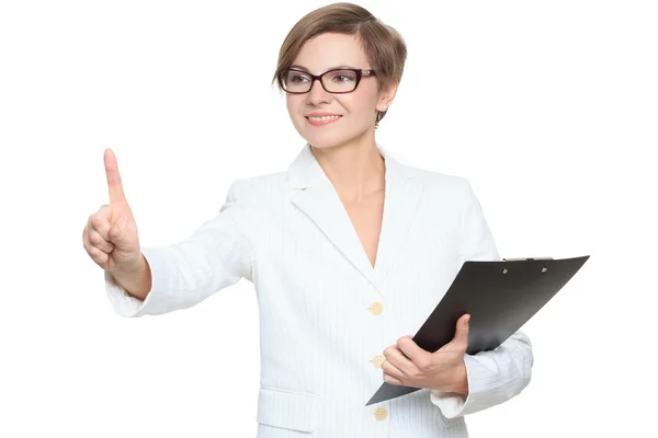 Jonge aantrekkelijke zakenvrouw op de touchscreen-knop te drukken. geïsoleerd op wit. — Stockfoto