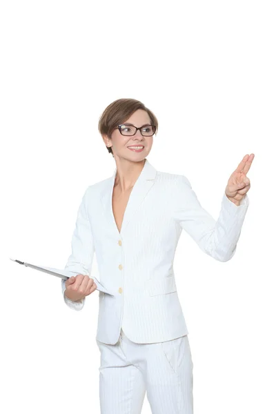 Unga attraktiva affärskvinna att trycka på knappen pekskärm. isolerad på vit. — Stockfoto
