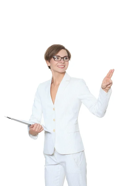 Young attractive businesswoman pressing the touchscreen button. Isolated on white. — Stock Photo, Image