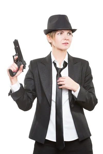 Gyönyörű lány gengszter fegyvert tart. Klasszikus ruha és kalap. elszigetelt fehér — Stock Fotó