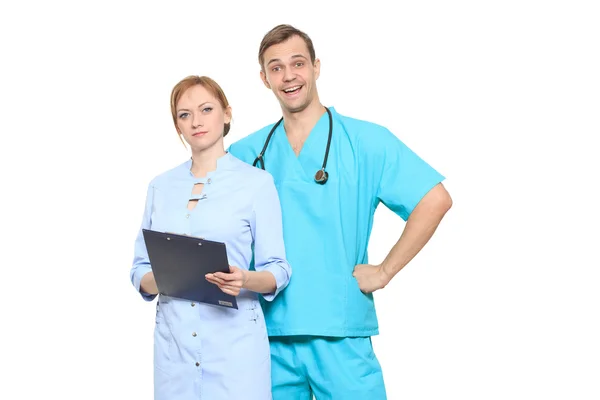 Medisch team van artsen, man en vrouw, geïsoleerd op wit — Stockfoto