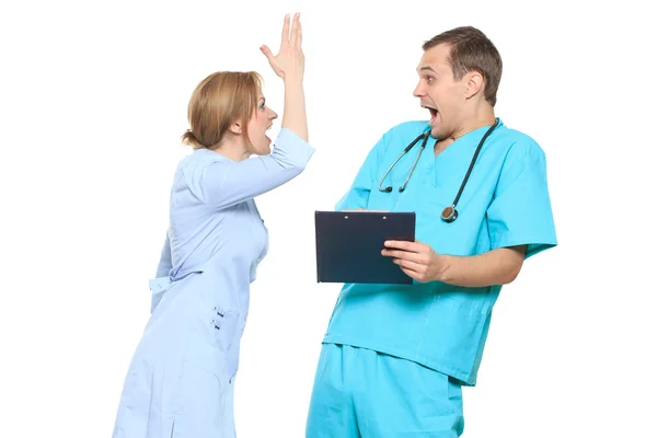 Isolated on white. doctor swears nurse. He screams and beats him — Stock Photo, Image