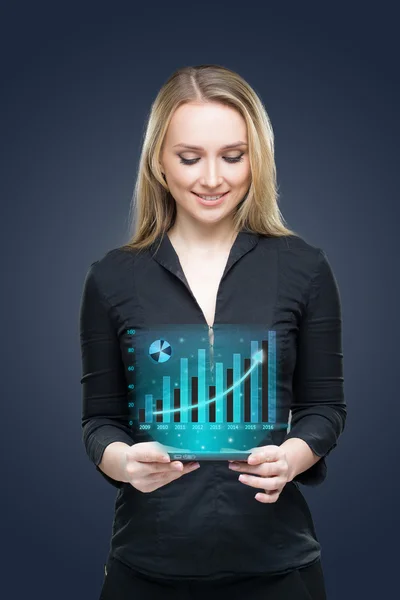 Business, technology, investment concept - friendly young smiling businesswoman with tablet pc and graph — Stock Photo, Image