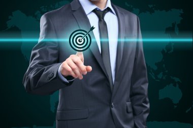 iş, teknoloji, internet ve ağ kavramı - işadamı acil düğmesi ile temas sanal ekranlarda. Dünya Haritası